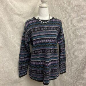 Vintage Maglia Donna Wool Blend Sweater L Italy Gray Purple Blue Striped Boho